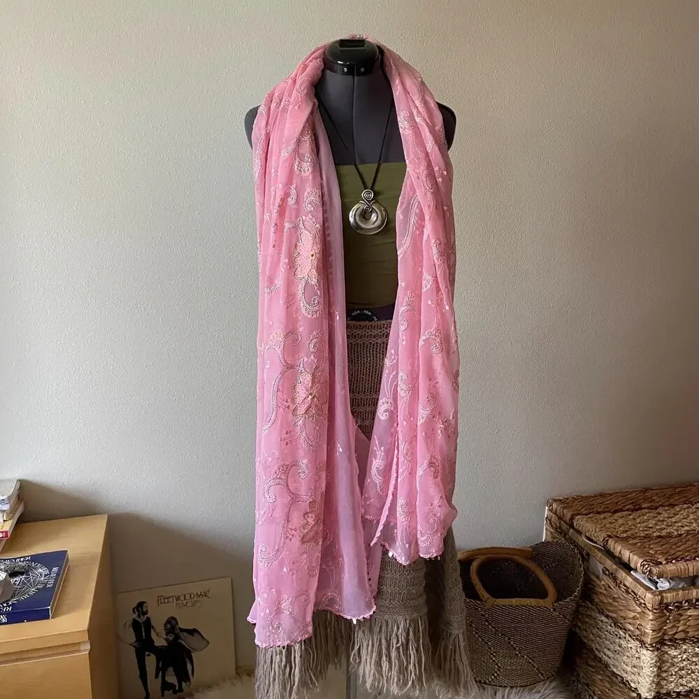 Y2K vintage 2000s pink embroidered beaded scarf shawl wrap floral - Picture 3 of 7